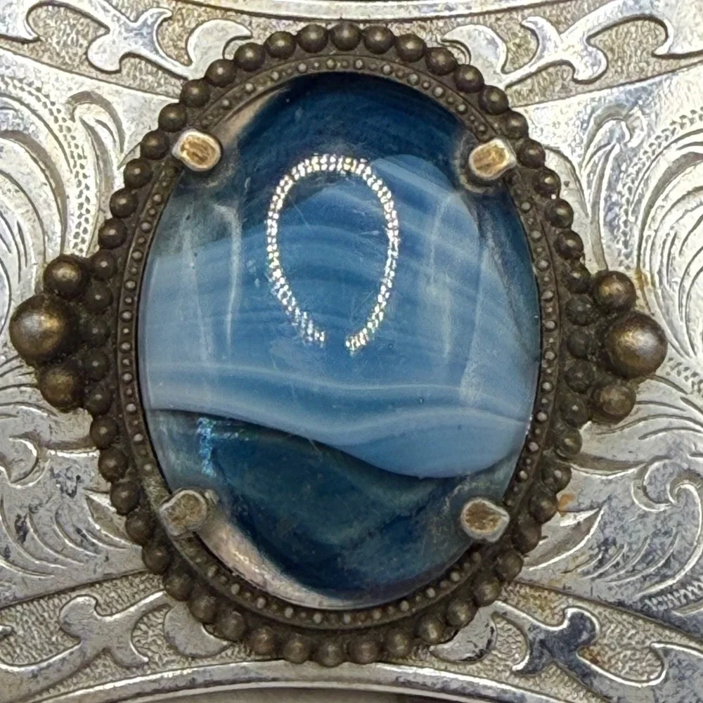 Vintage Polished Stone Belt Buckle Silver Tone Blue Stone